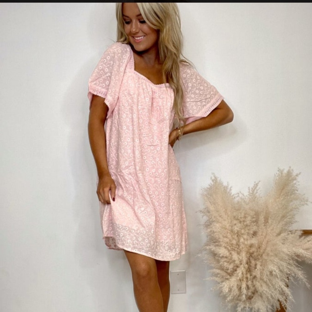Pink Babydoll Dress With Embroidered Flowers Lace Detail  Medium Eyelet